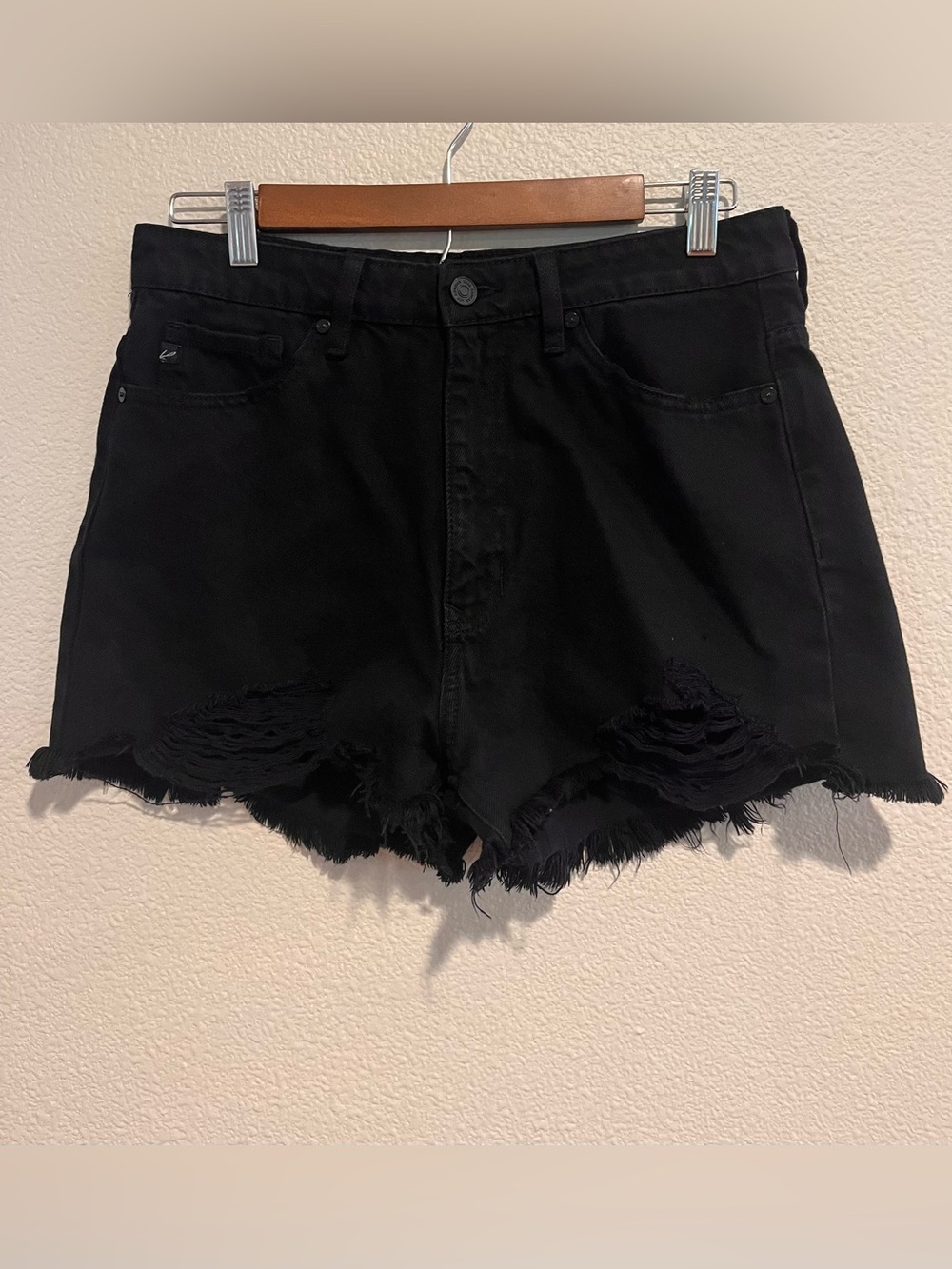 Kancan High Rise Distressed Shortie Shorts Cotton Denim Black Large